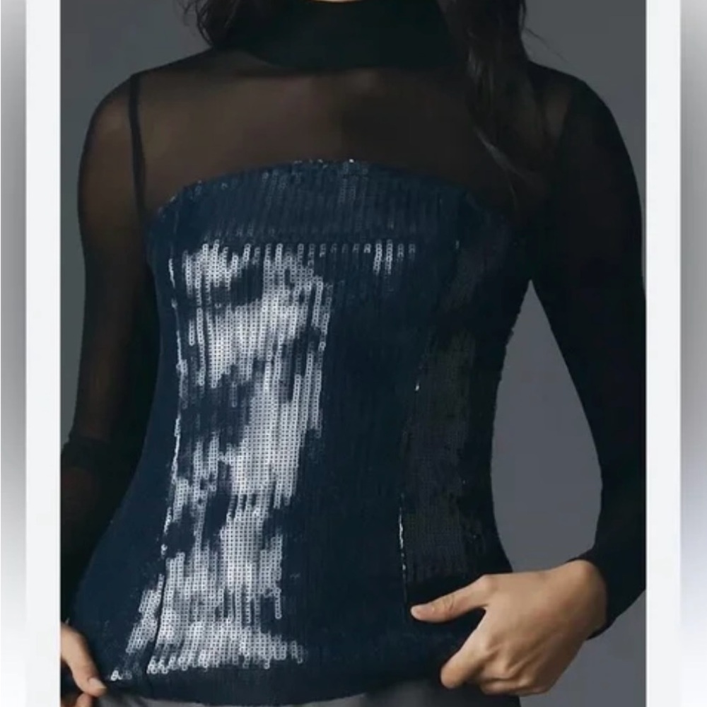 Anthropologie Navy Sequin Mesh Top